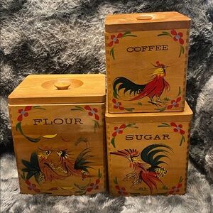 Vintage Wooden Canister Set with Rooster Design